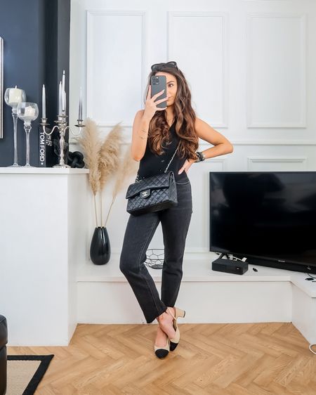 spring outfit, daily outfit inspo, black outfit idea, black jeans, straight jeans outfit, Chanel slingbacks, two tone sling backs, black waistcoat, spring tailoring 

#LTKshoecrush #LTKworkwear #LTKeurope