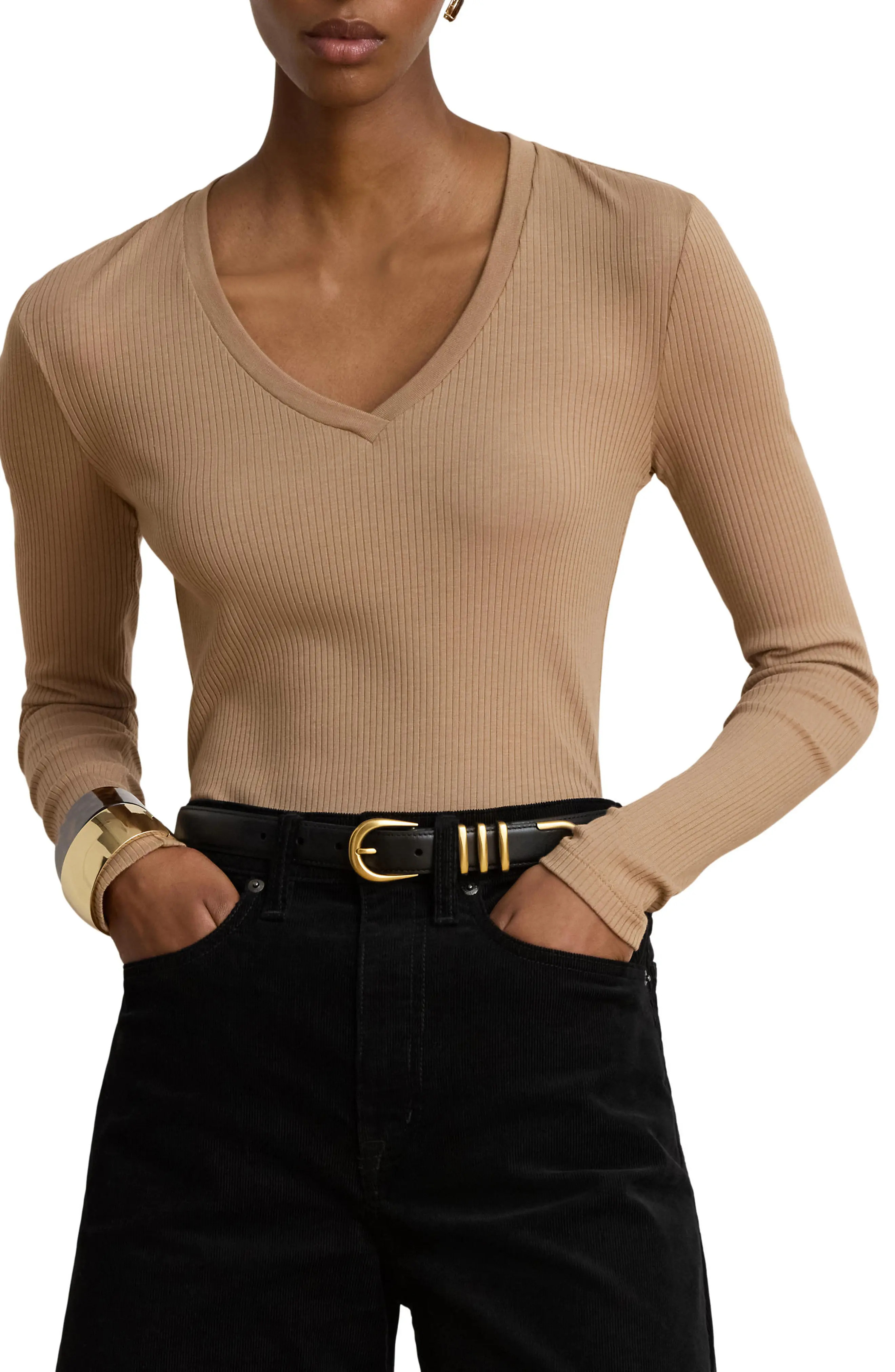 Rib Long Sleeve V-Neck Top | Nordstrom