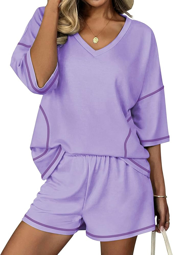 Ekouaer Two Piece Sets for Women Summer Lounge Sets 2026 Striped Shirts and Shorts Set Oversized ... | Amazon (US)