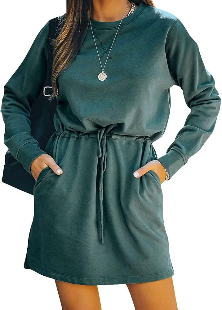 MYMORE Women's Fall Casual Sweatshirt Dresses Long Sleeve Crewneck Split Hem Tunic Dress with Pocket | Amazon (US)