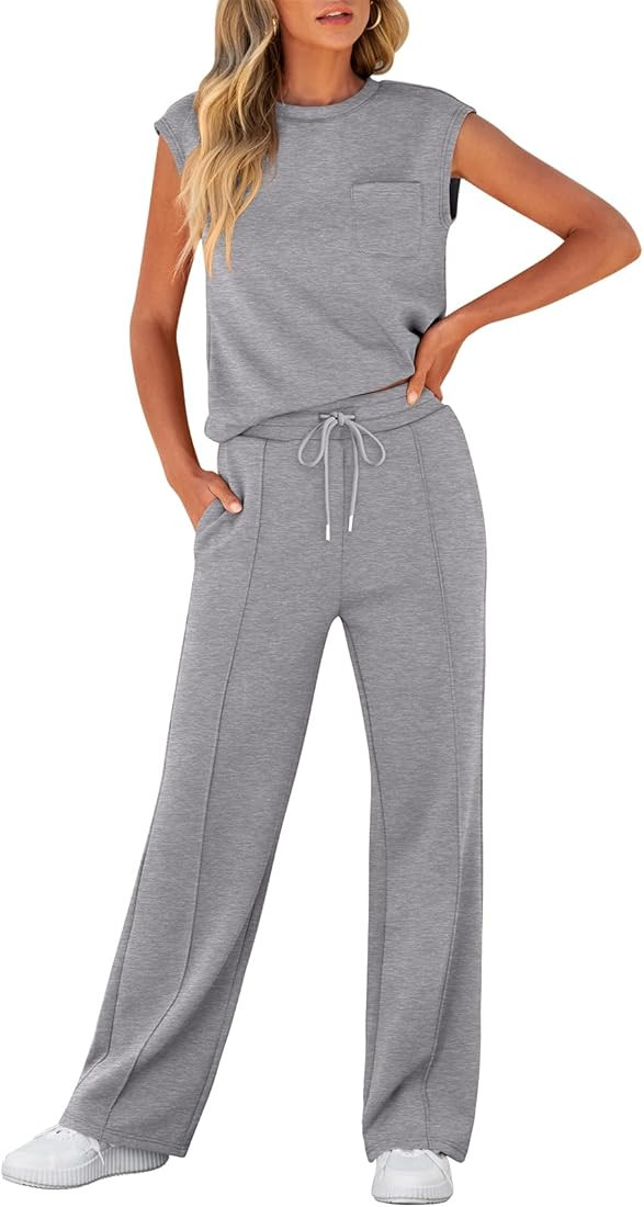 ANRABESS Women's Summer 2 Piece Outfits Casual Sleeveless Sweatsuits Matching Wide Leg Tracksuits... | Amazon (US)