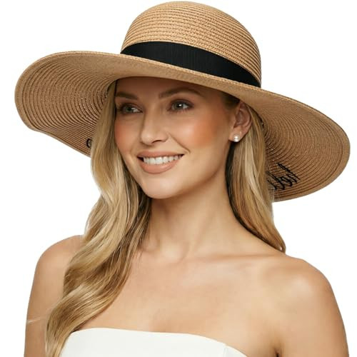 DRESHOW Beach Sun Hats for Women Big Straw Hats Womens Sun Hat UPF 50+ Floppy Foldable Summer Hat for Vacation Honeymoon | Amazon (US)