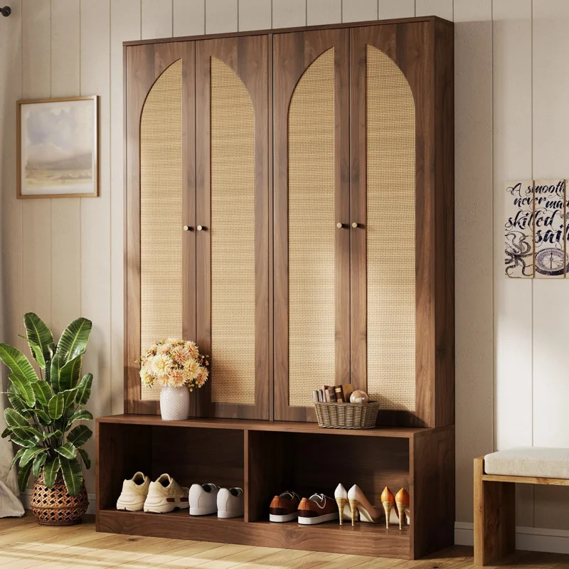 Farmhouse Entryway Hall Tree with Rattan Doors, 4-in-1 Seating Bench & Shoe Cabinet with Hooks | Wayfair North America