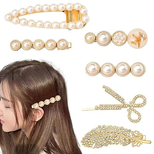 Pearl Hair Clips for Women Girls Pearl Barrette Bridesmaid Gold Side Hair Clip Metal Rhinestone Duck Bill Alligator Hair Clips Crystal Scissor Bobby Hair Pin Bling Diamond Feather Hair Accessories | Amazon (US)