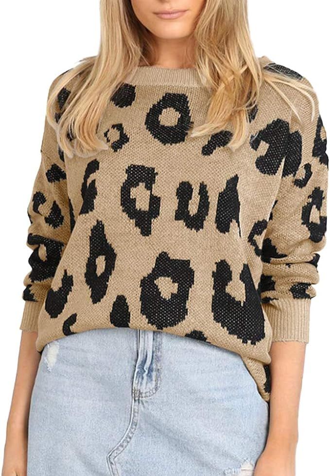 Carprinass Women's Stylish Leopard Pullover Sweater Long Sleeve Knitwear Blouse | Amazon (US)