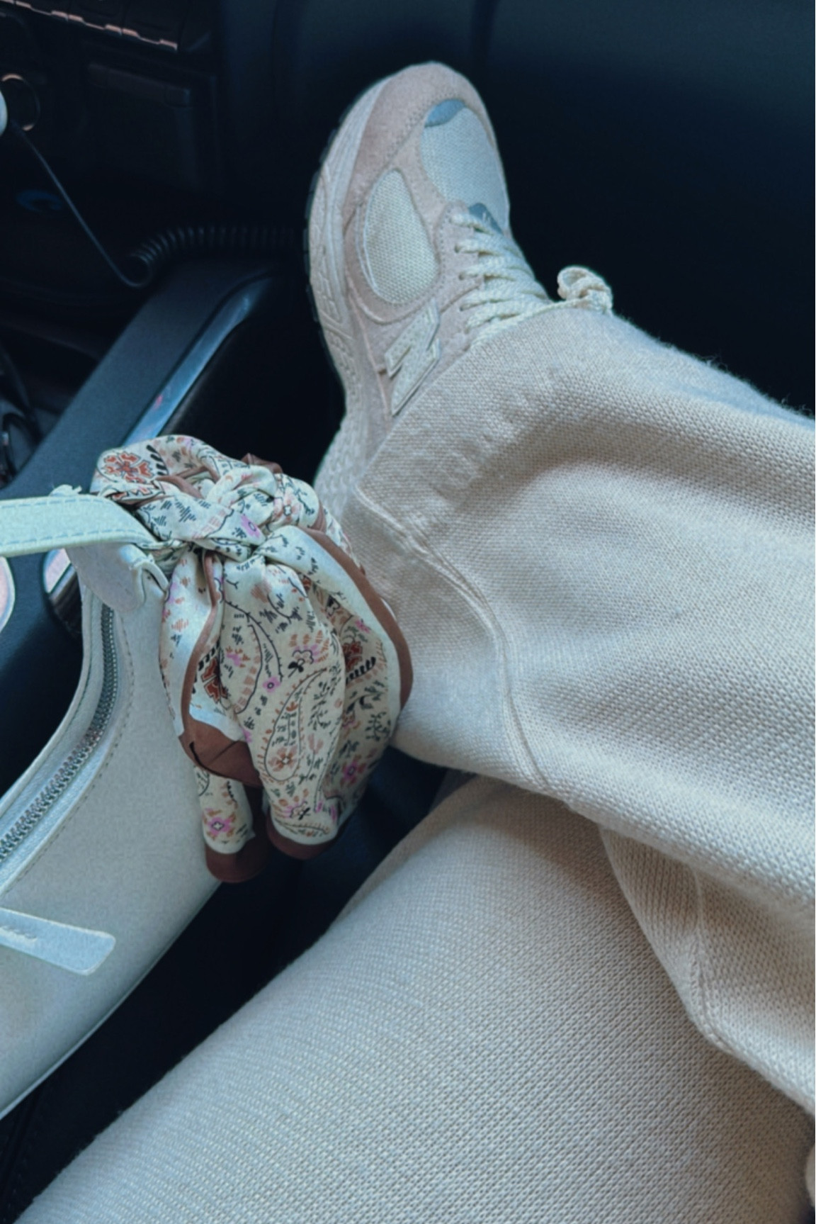 Casual outfit, wide leg pants, PLT, white purse, purse scarf , spring looks , new balance sneakers 

#LTKstyletip #LTKshoecrush #LTKSpringSale