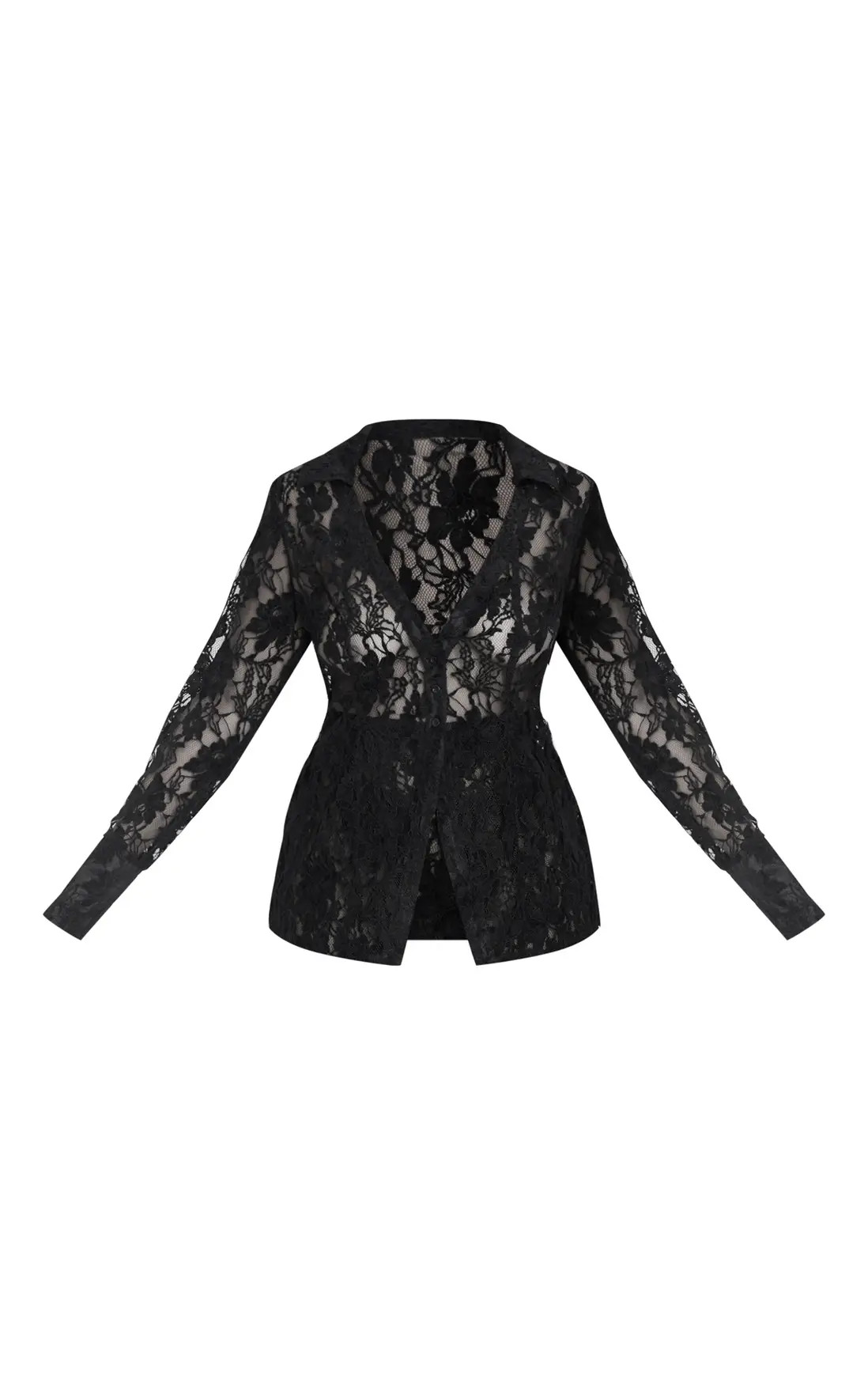 Shirts | Plus Black Sheer Lace Shirt | PrettyLittleThing | PrettyLittleThing US