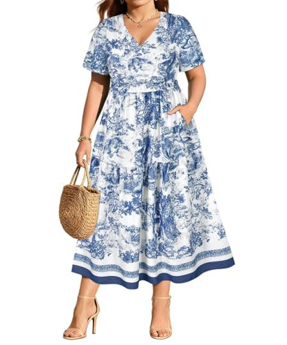 RITERA Plus Size Dresses for Curvy Women 2X Blue White V Neck Short Sleeve Casual Summer Dress Smocked Waist Boho Sundress with Pocket Beach Dresses for Daily/Vacation/Wedding Guest 1XL 18-20W | Amazon (US)