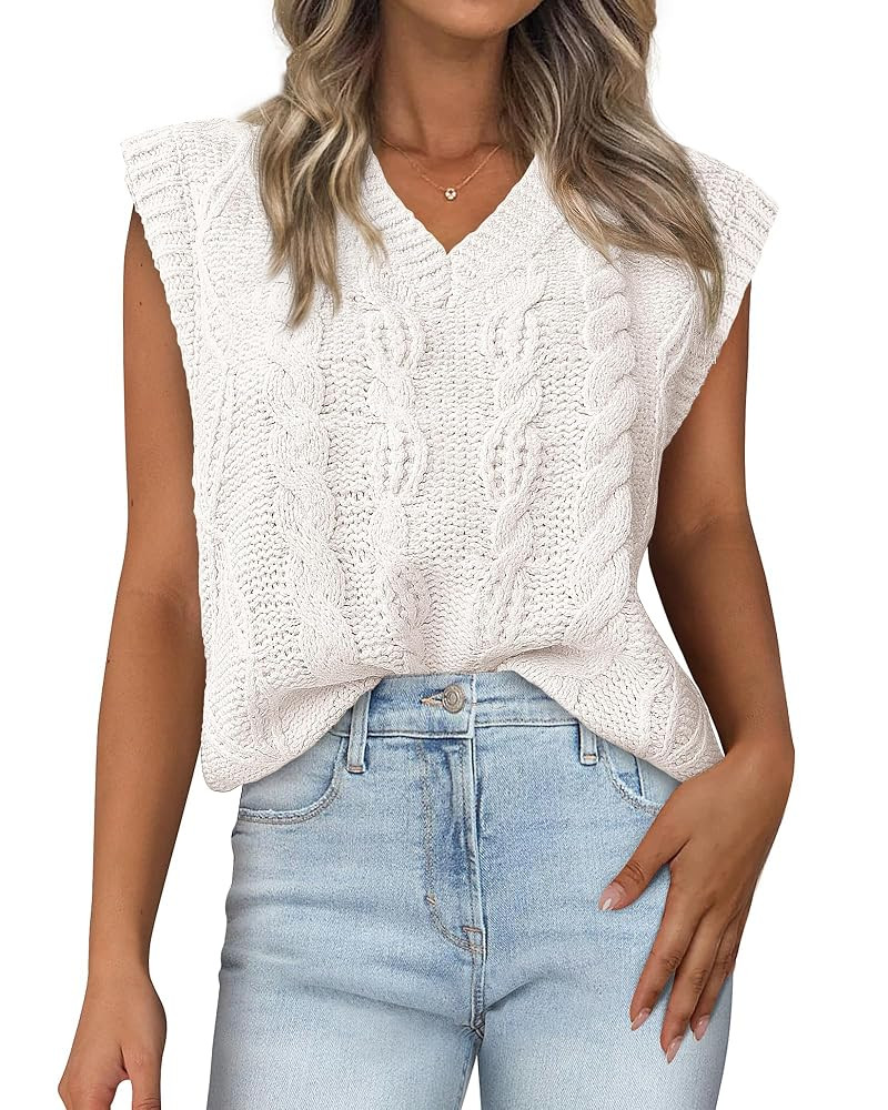 BTFBM Women's Oversized Sweater Vest 2025 Fall V Neck Casual Sleeveless Sweaters Loose Cable Knit... | Amazon (US)