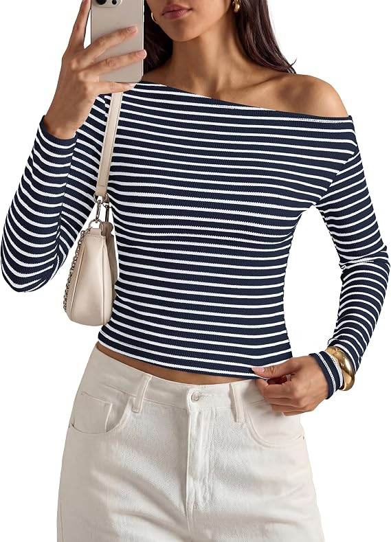 PRETTYGARDEN Womens Tops 2026 Fall Off The Shoulder Long Sleeve Shirts Striped Fitted Y2K T-Shirt... | Amazon (US)