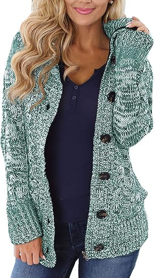 Sidefeel Women Hooded Knit Cardigans Button Cable Sweater Coat | Amazon (US)