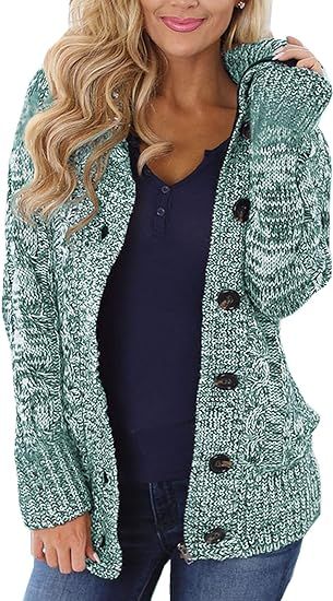 Sidefeel Women Hooded Knit Cardigans Button Cable Sweater Coat | Amazon (US)