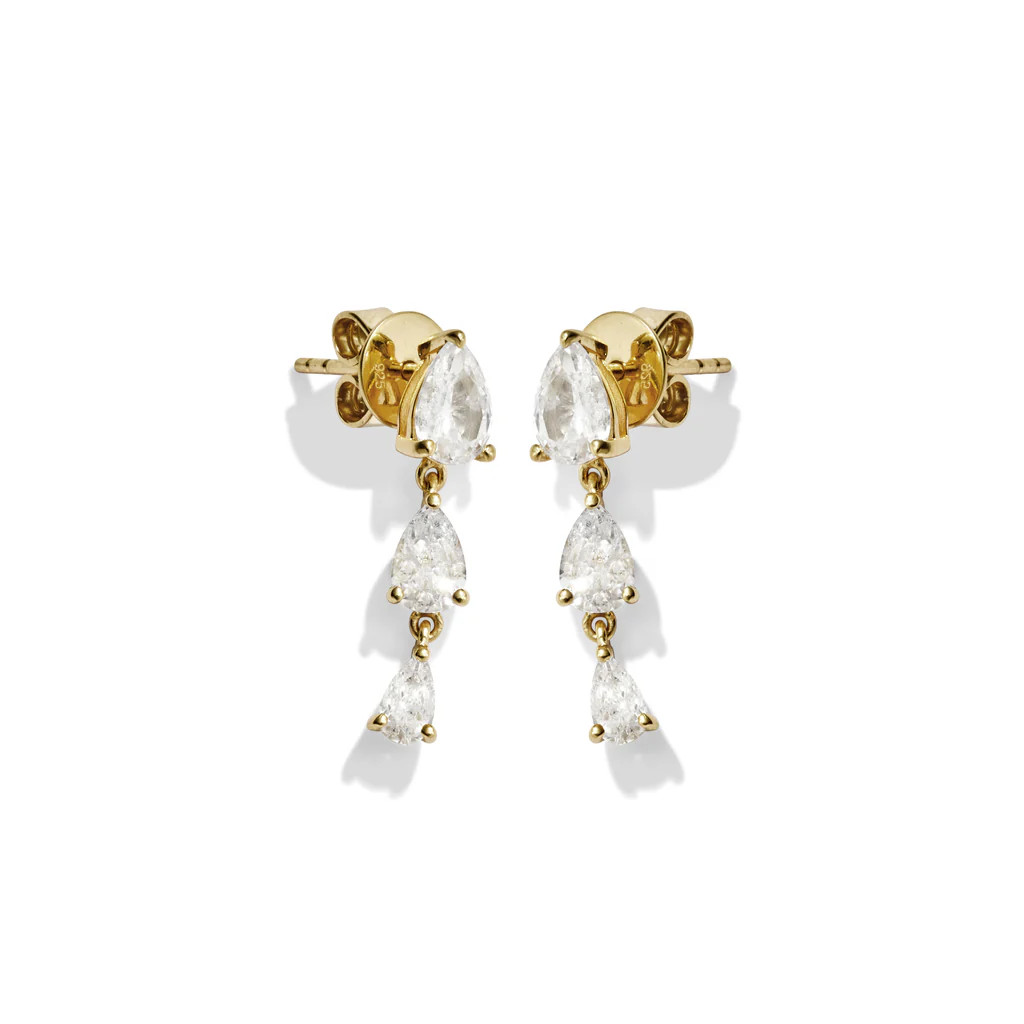 Gold 3 Stone Pear Graduated Earrings | Rosie Fortescue Jewellery