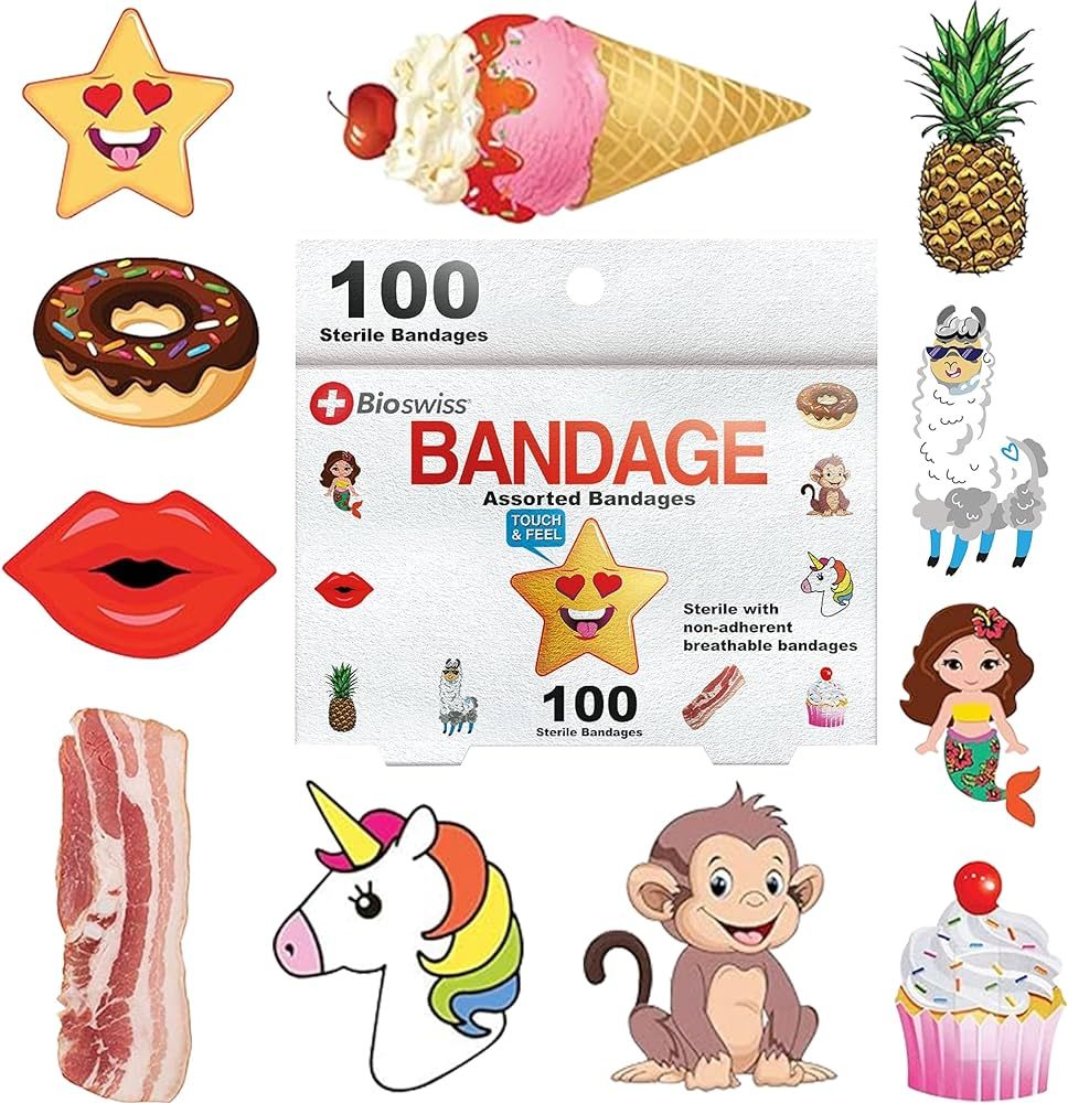 BioSwiss Bandages, Assorted Animal, Fun, and Food Shaped Self Adhesive Bandage, Latex Free Steril... | Amazon (US)