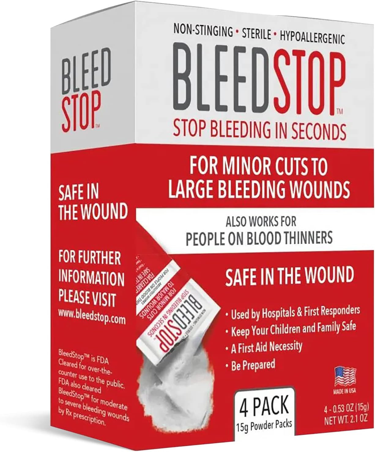 BleedStop™ First Aid Powder for Blood Clotting, Trauma Kit, Blood Thinner Patients, Camping Safety, and Survival Equipment for Moderate to Severe Bleeding Wounds or Nosebleeds - 4 (15g) Pouches | Amazon (US)