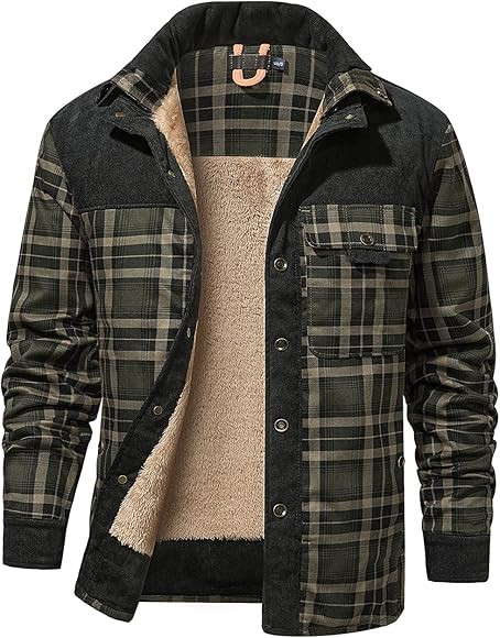 Haellun Men's Long Sleeve Sherpa Lined Shirt Jacket Flannel Plaid Fleece Coats | Amazon (US)