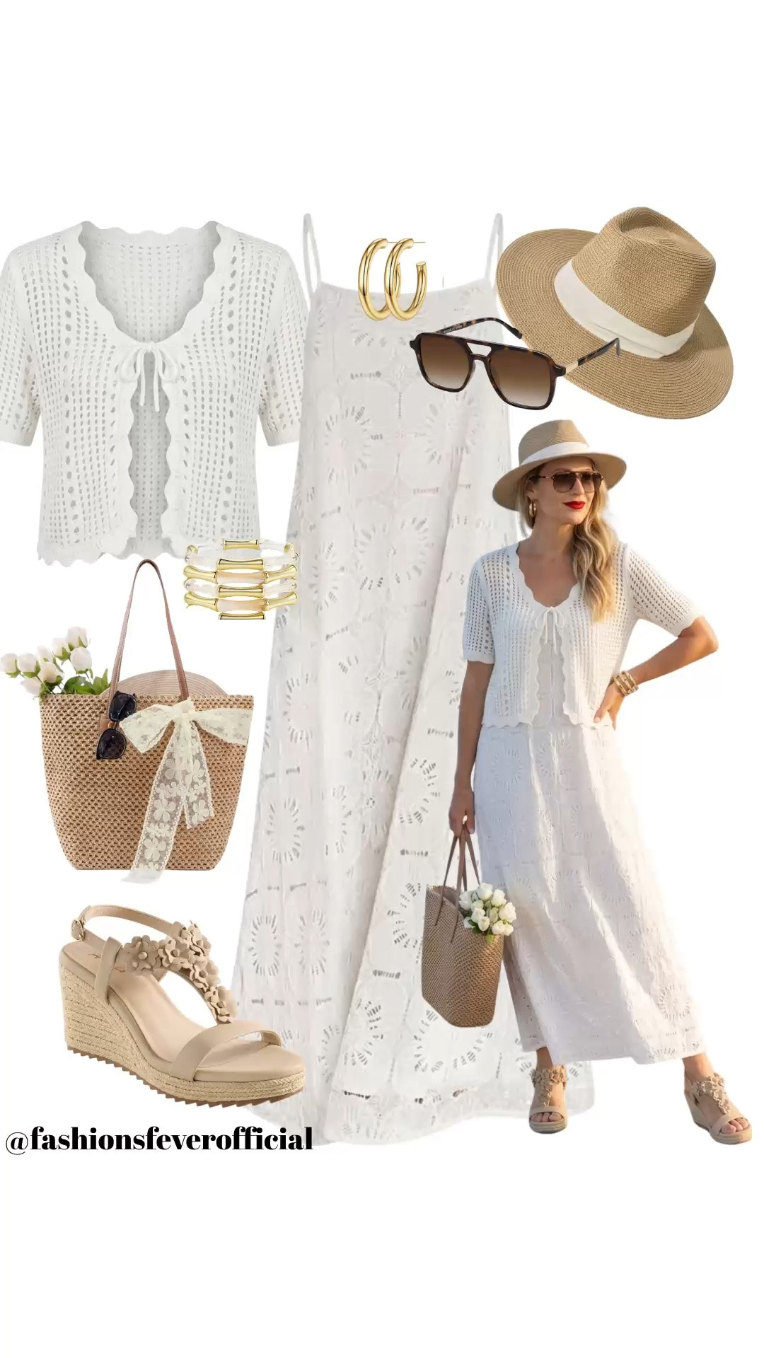 Effortless summer resort wear outfit idea featuring a white eyelet maxi dress paired with a cropped crochet cardigan. Styled with a straw beach tote, neutral platform wedge sandals, gold hoop earrings, and a classic fedora hat for an elevated coastal chic aesthetic. Perfect for a vacation look, beach day, or seaside brunch.

#LTKtravel #resortwear #beachoutfit #summerstyle #coastalgrandma #vacationfashion

#LTKsummer #LTKstyletip