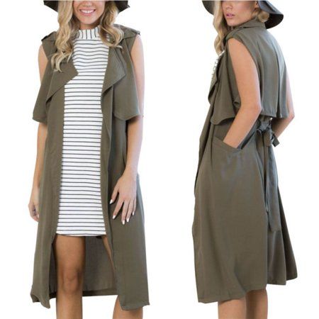 Women New Sleeveless Long Windbreaker Coat Jacket Trench Outwear Parka Waistcoat | Walmart (US)