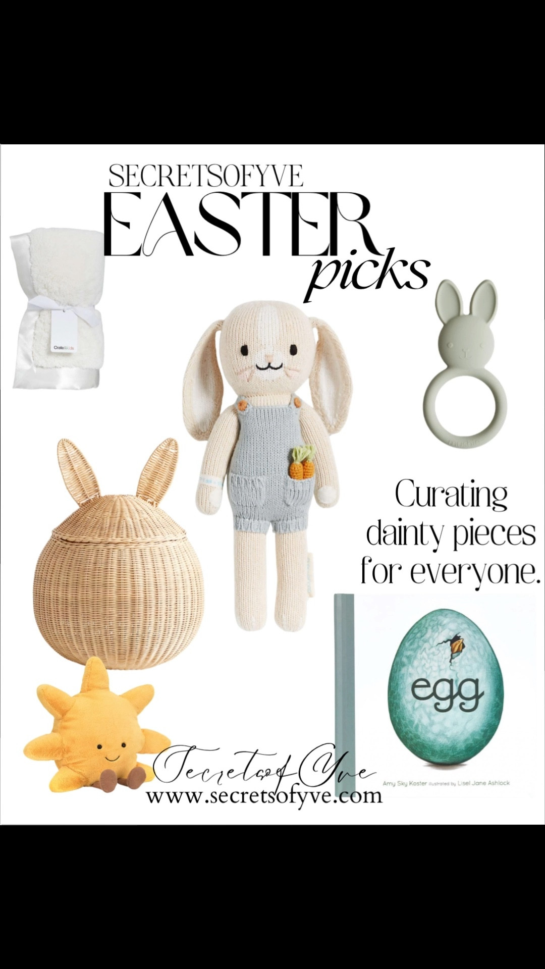 Secretsofyve: Cute Easter selections. Gift ideas. Curating Easter 🐣 picks for you early. 
#Secretsofyve #ltkgiftguide
Always humbled & thankful to have you here.. @crate&barrel
CEO: PATESI Global & PATESIfoundation.org
 @secretsofyve : where beautiful meets practical, comfy meets style, affordable meets glam with a splash of splurge every now and then. I do LOVE a good sale and combining codes! #ltkstyletip #ltksalealert #ltkbaby #ltku #ltkvlog #ltkmomlife secretsofyve

#LTKSeasonal #LTKKids #LTKHome
