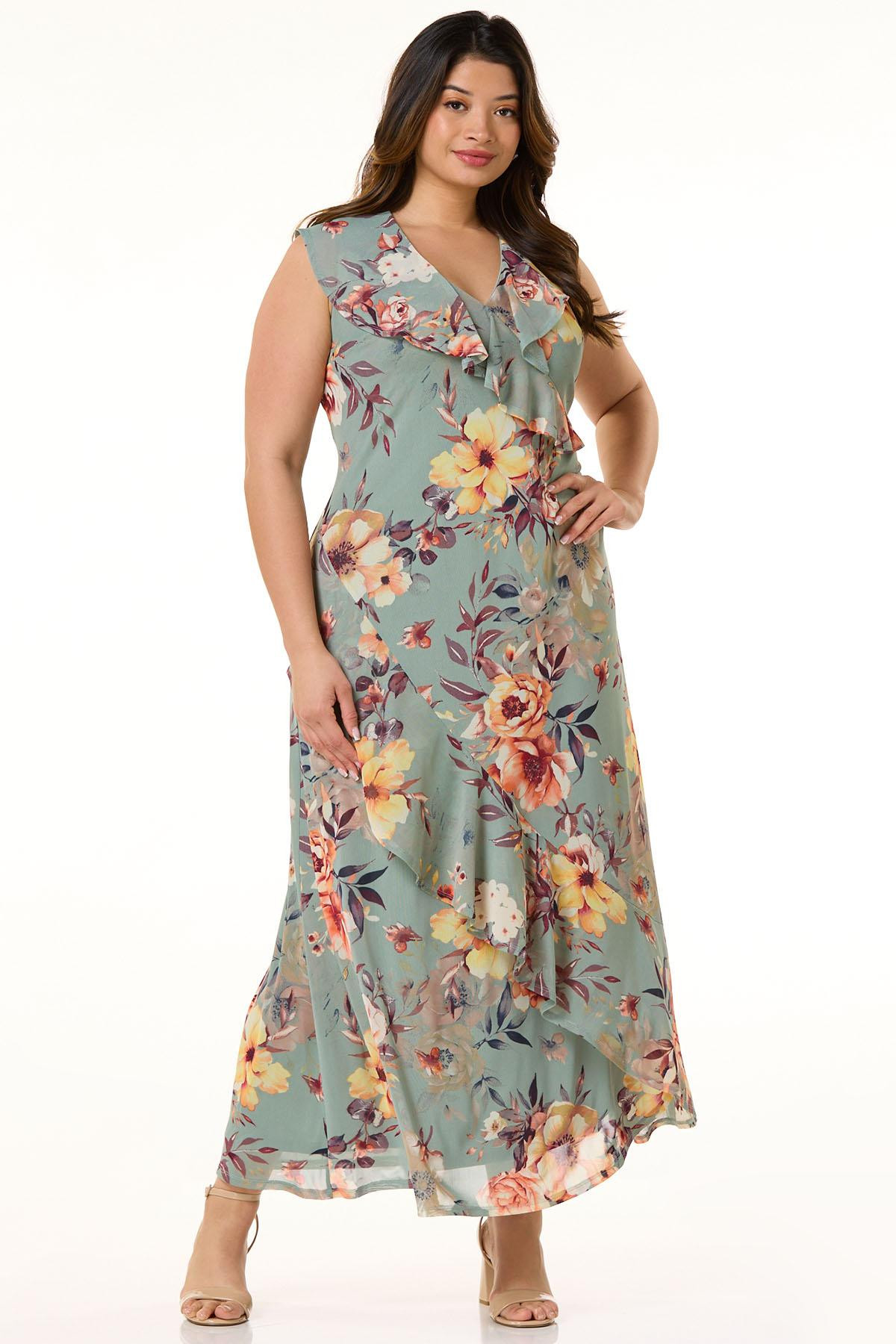 Plus Size Ruffled Mesh Floral Dress | Cato Fashions