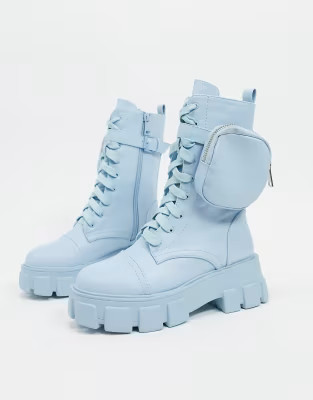 Public Desire Intention chunky calf boot with pouch in pastel blue | ASOS (Global)
