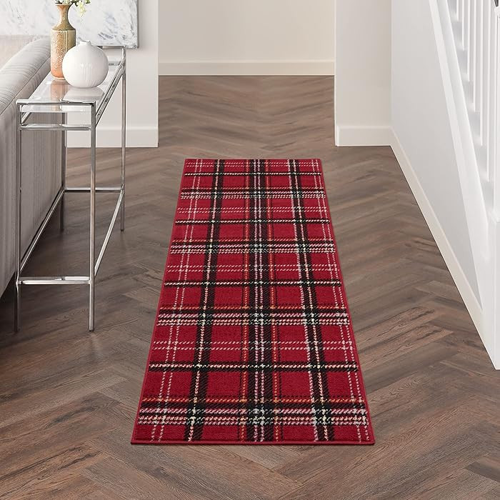 Nourison Home Grafix Plaid Red 2'3" x 7'6" Area Rug, Easy Clean, Non Shedding, Bed Room, Living R... | Amazon (US)