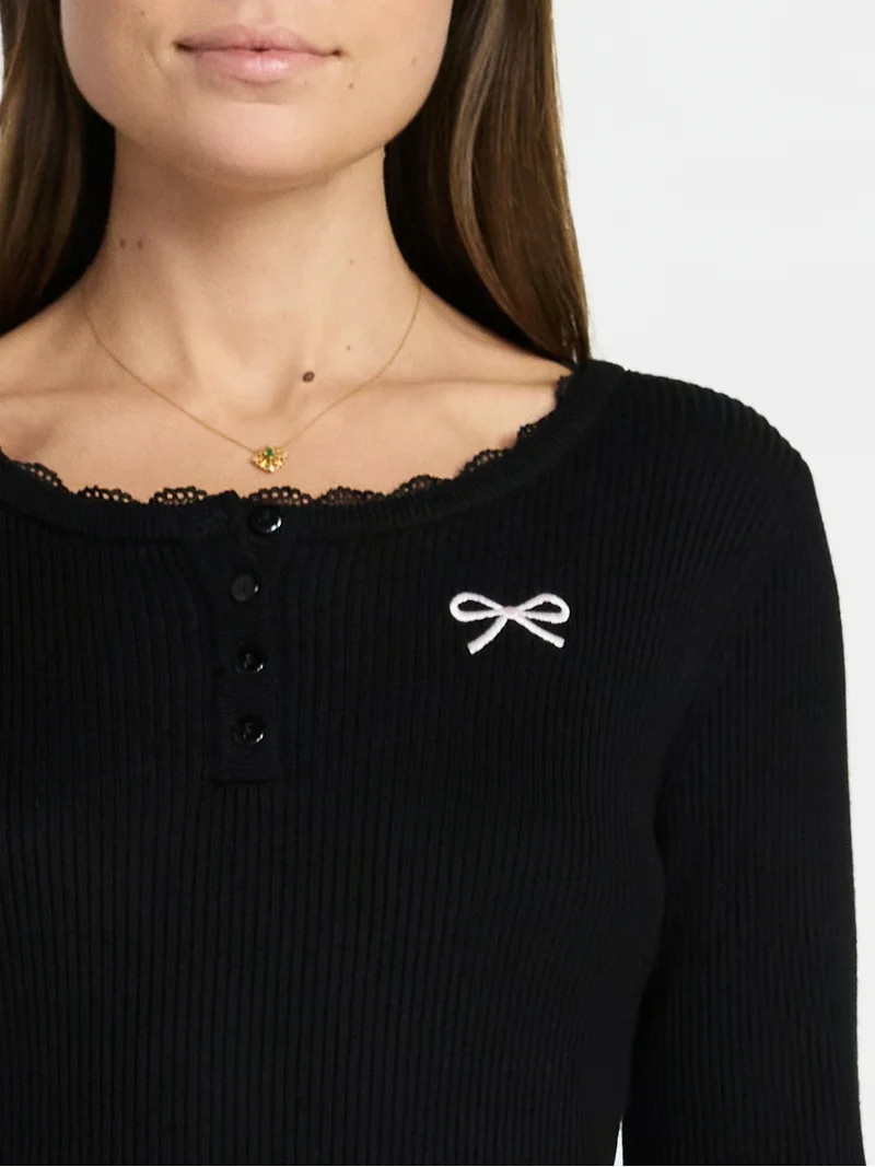 Madden NYC Women's Lace Trim Long Sleeve Henley Top, Sizes XXS-XXL | Walmart (US)