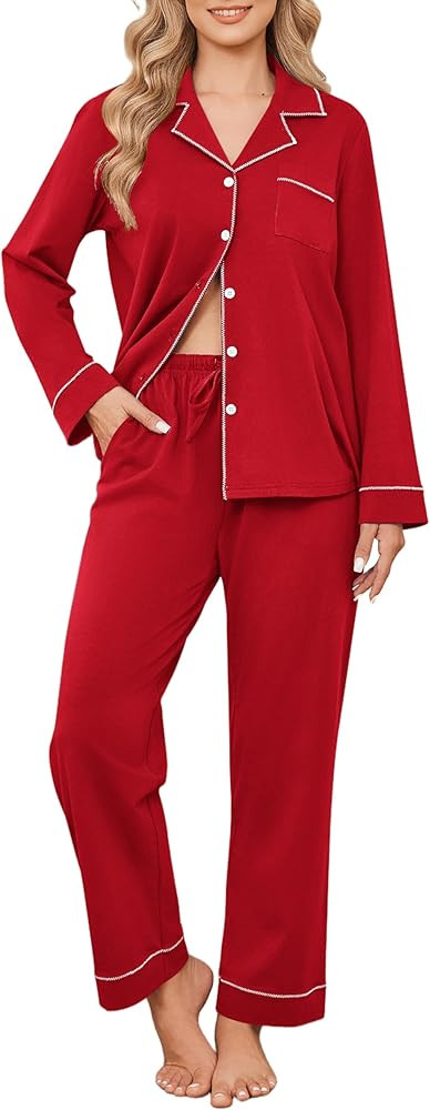 Ekouaer Womens Pajamas Set Cotton PJs Long Sleeve Sleepwear Button Down Tops and Pants 2 Piece Lo... | Amazon (US)