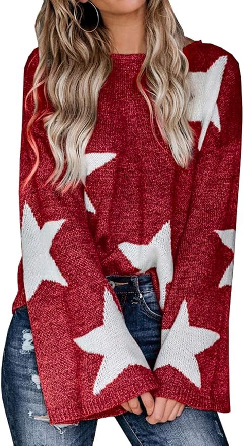 PRETTYGARDEN Women’s Winter V Neck Lantern Long Sleeve Star Color-Block Split Knit Sweater Pull... | Amazon (US)