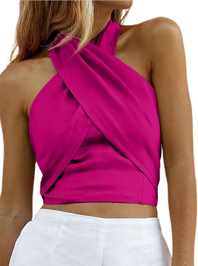 Women's Sexy Criss Cross Halter Sleeveless Wrap Front Backless Cami Crop Top Clubbing | Amazon (US)