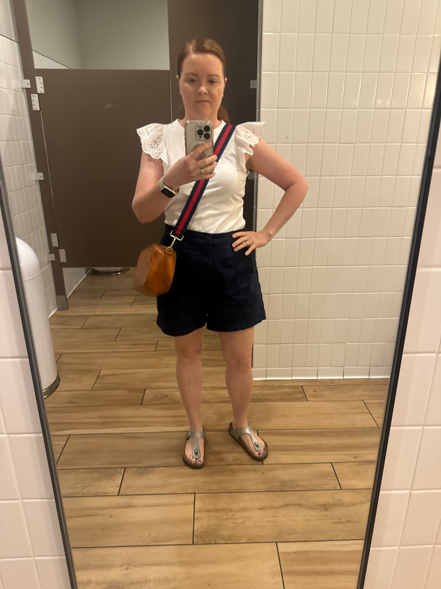 Great mixed media, casual, all purpose top you can dress up or down for summer and beyond.  Ruffle eyelet sleeve with plain tee body.  True to size.  I’m wearing a medium. Bought a large I the shorts became the medium felt uncomfortably tight, but these are really loose.  Unfortunately there is no size between medium and large so I had to make a choice for tight or loose. 