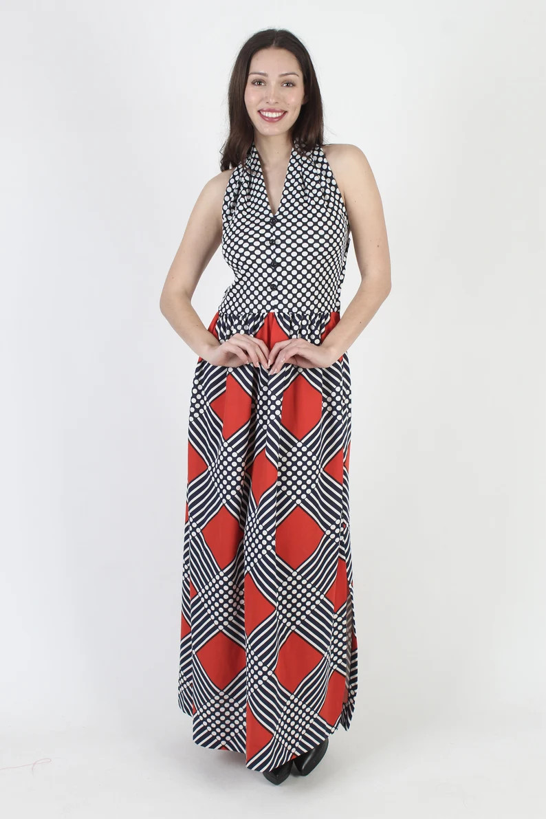 Vintage 70s Polka Dot Halter Dress: Open Back Sleeveless Maxi | Etsy (Global)