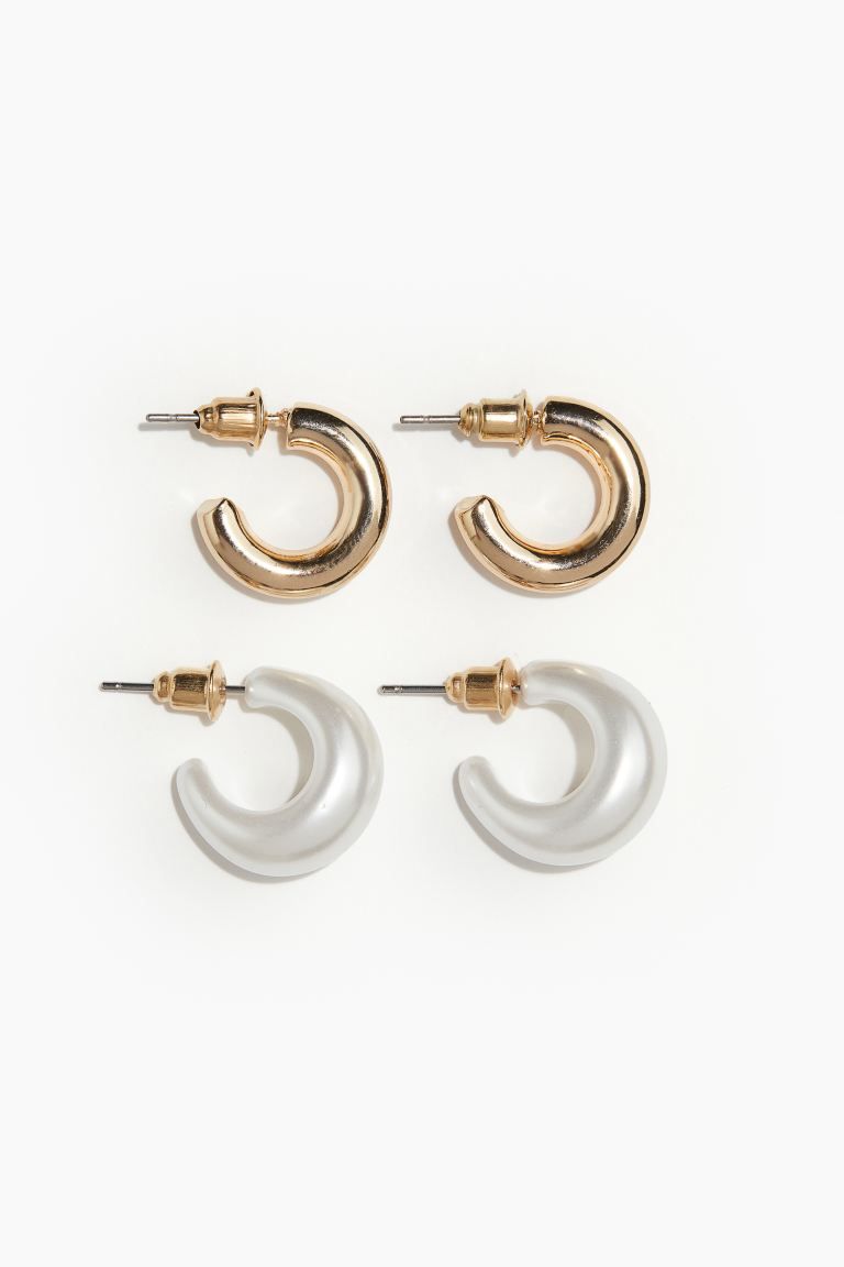 2 pairs hoop earrings - Gold-coloured/White - Ladies | H&M GB | H&M (UK, MY, IN, SG, PH, TW, HK)