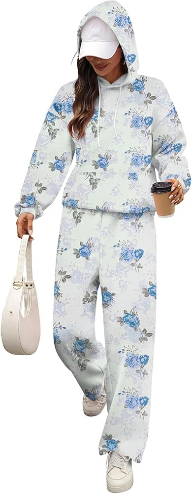AMZANGEL Women's 2 Piece Outfits Lounge Sets Floral Bow Fleece Long Sleeve Hoodies Sweatpants Swe... | Amazon (US)