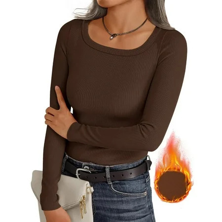 MOSHU Thermal Tops for Women Scoop Neck Slim Fit Basic Top Ribbed Thermal Undershirts Layering Tee Womens Long Sleeve Shirts | Walmart (US)