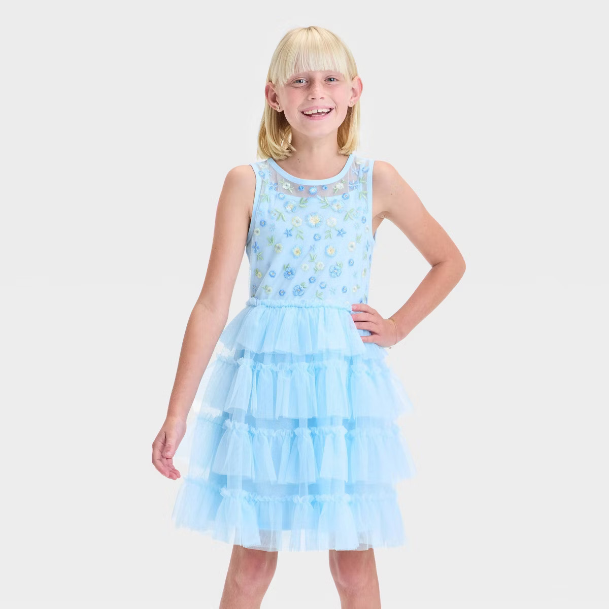 Girls' Sleeveless Embroidered Bodice Tiered Skirt Dress - Cat & Jack™ Blue | Target