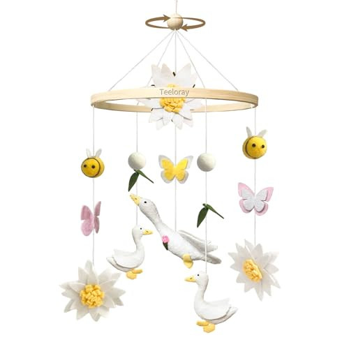 Teeloray Baby Mobile for Crib Goose Nursery Decor Handmade Felt Crib Mobile for Bassinet One Silly Goose Birthday Decorations Flowers Butterflies Bees Room Hanging Decor Baby Shower Newborn Gifts | Amazon (US)