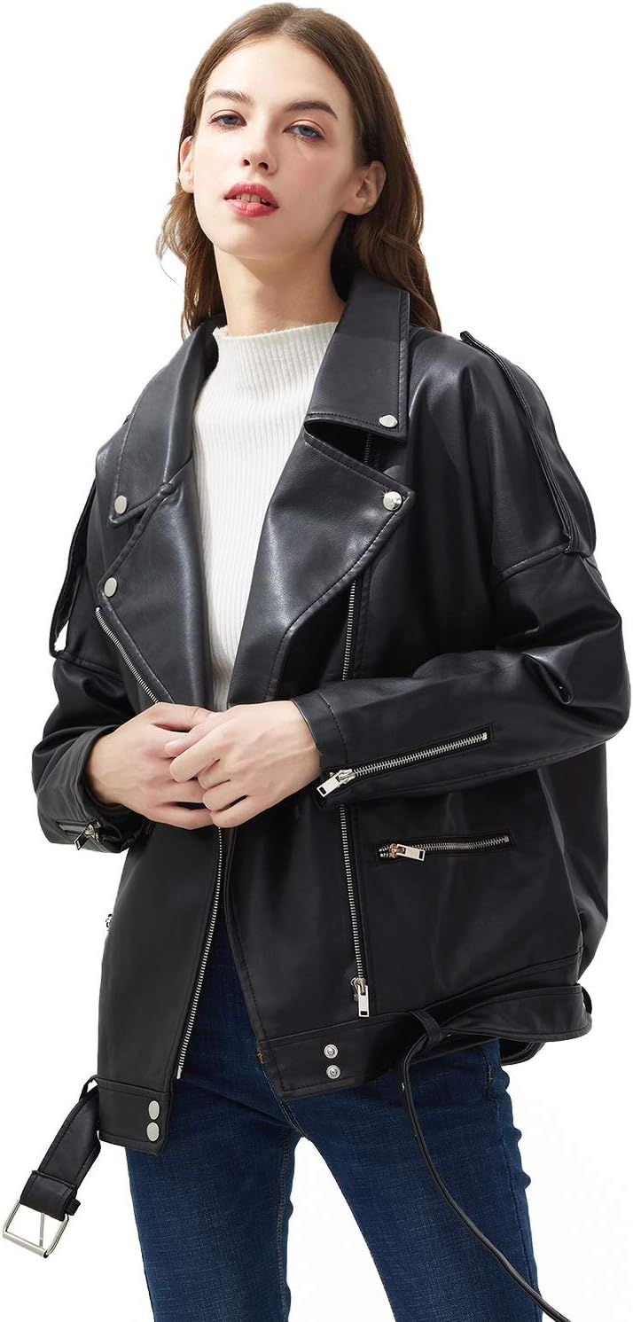 LY VAREY LIN Women Black Faux Leather Jackets Zipper Casual Short Coat Turn-down Collar Motor Bik... | Amazon (US)