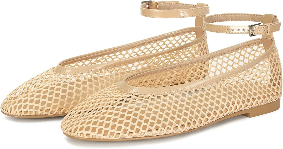 Wnshonzy Mesh Ballet Flats for Women Round Toe Buckle Strap Fishnet Mary Jane Flats Comfy Casual ... | Amazon (US)