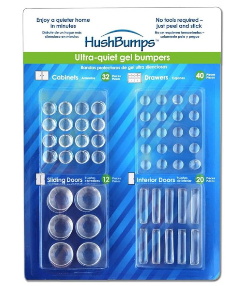 HushBumps Ultra-Quiet Gel Bumpers – 104 Piece Variety Pack – Multi-Compound Polyurethane Absorbs Shock & Dampens Sound – Protect & Quiet Cabinets, Drawers, Interior Doors & Sliding Doors 

 
