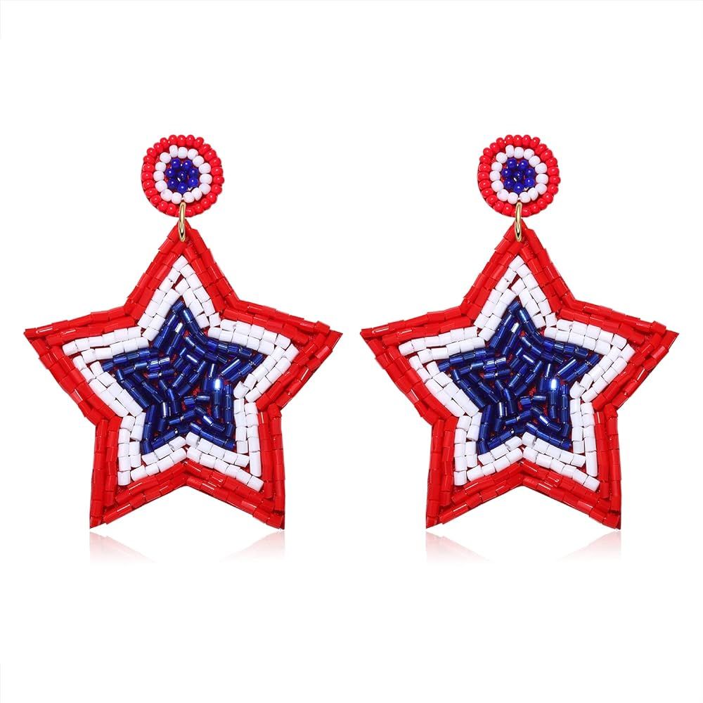 Patriotic Earrings 4 th of July Beaded Earrings Handmade Cute Red White Blue American Flag USA St... | Amazon (US)