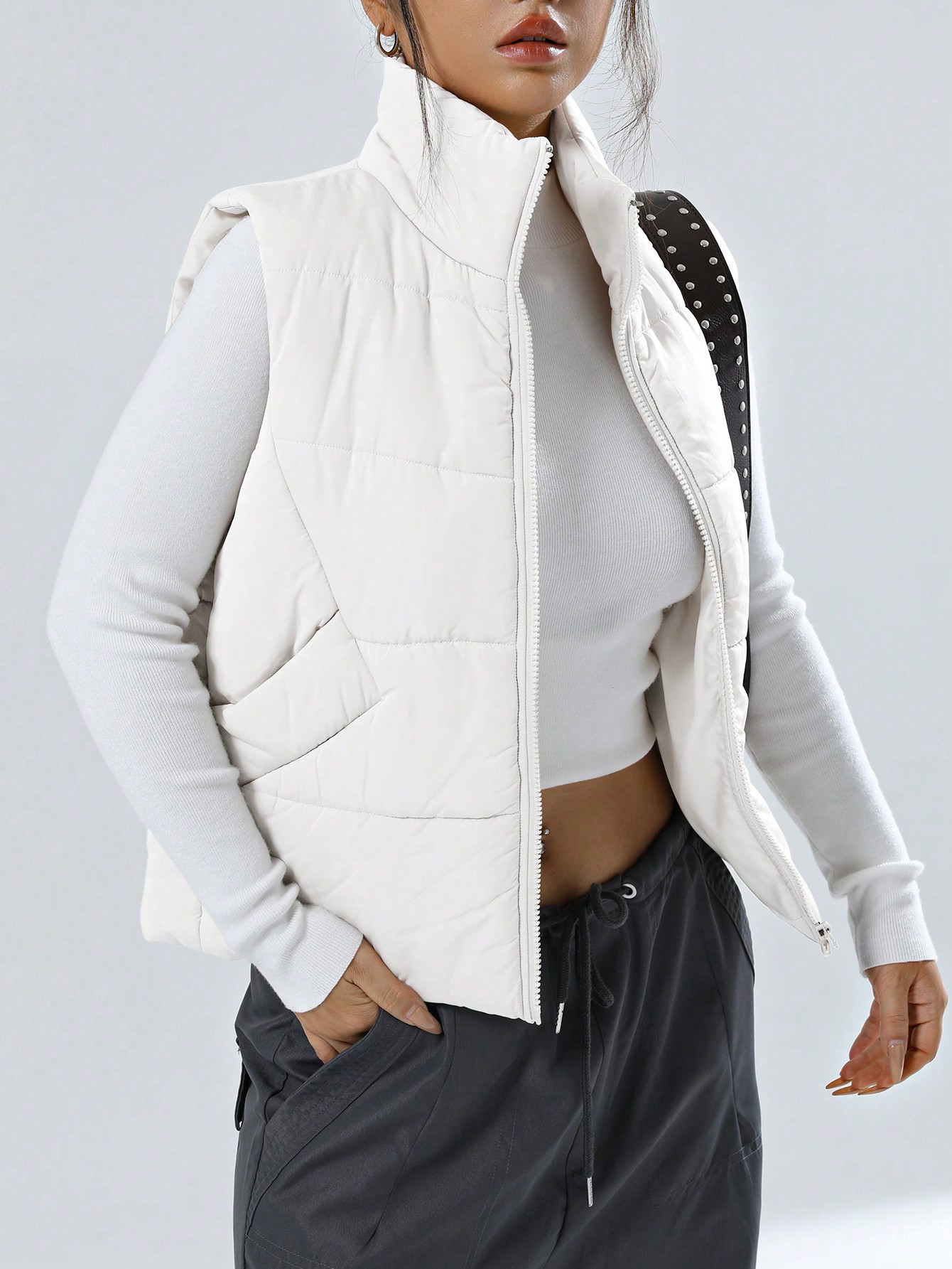 SHEIN EZwear Spring Black Zip Up Puffer Vest Coat | SHEIN