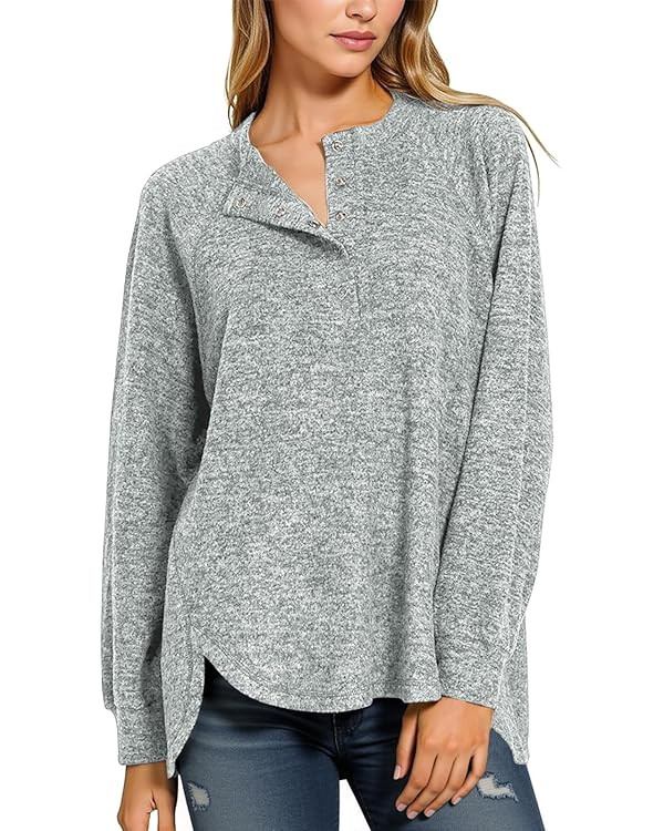 Tankaneo Womens Long Sleeve Henley Shirts Oversized Round Neck Fall Tunic Tops Casual Loose Fit T... | Amazon (US)