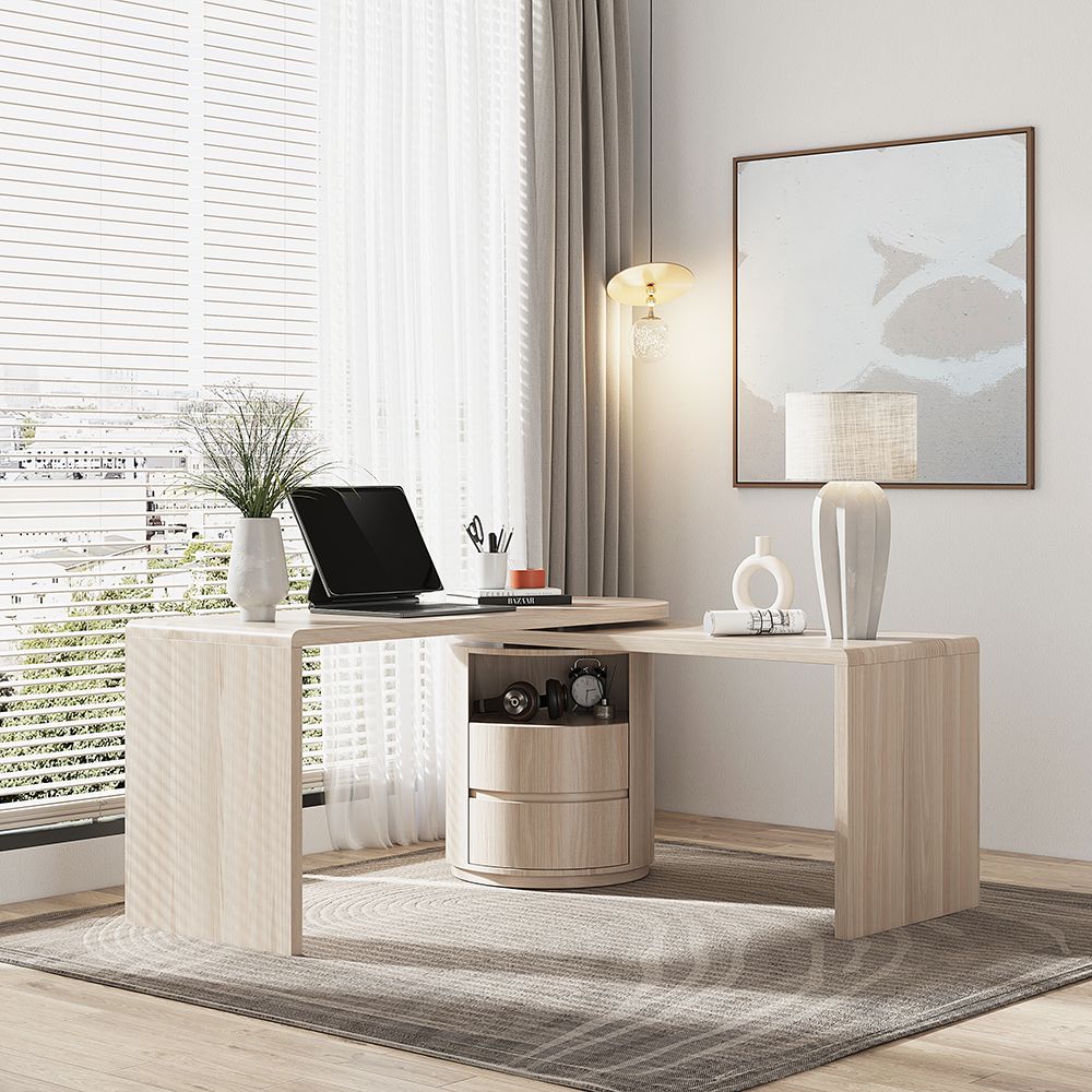 Modern Wash White L Shaped Desk 1 Cabinet & 2 Drawers 60" Oak Executive Office Desk -Homary | Homary
