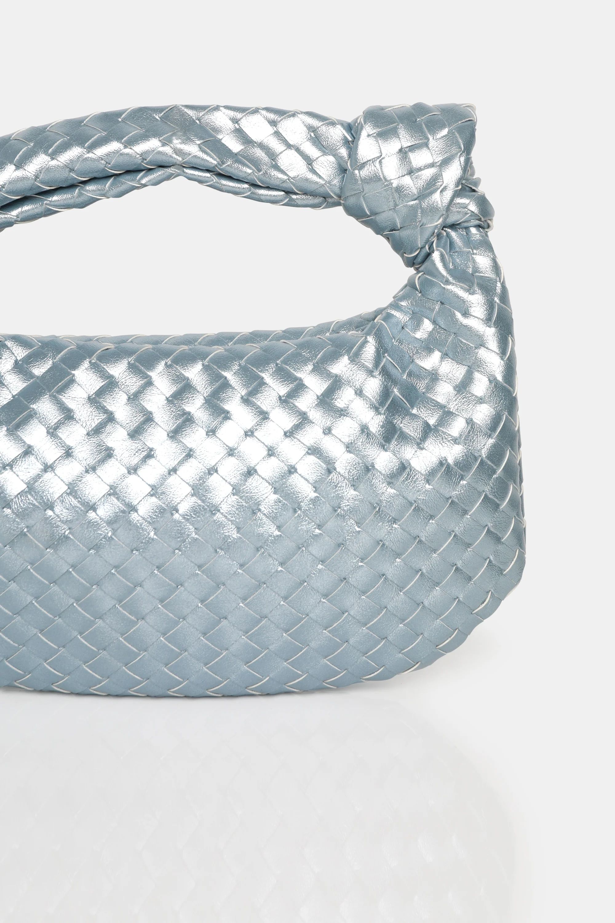 The Blame Metallic Silver Iridescent Woven PU Knot Detail Mini Grab Bag | Public Desire (US & CA)