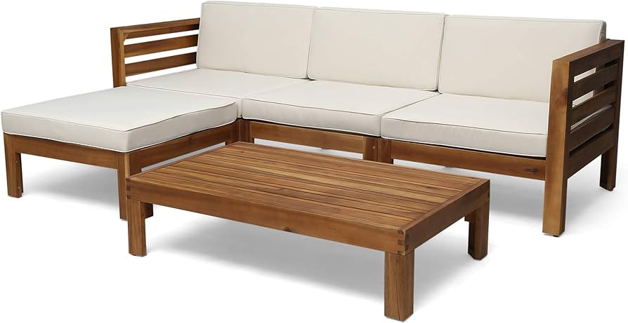 Christopher Knight Home Alice Outdoor 5 Piece Acacia Wood Sofa Set, Teak Finish, Beige | Amazon (US)