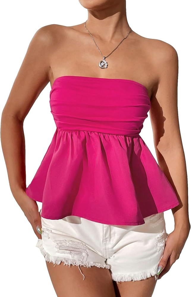 MakeMeChic Women's Sleeveless Strapless Crop Tube Top Solid Ruffle Peplum Top | Amazon (US)