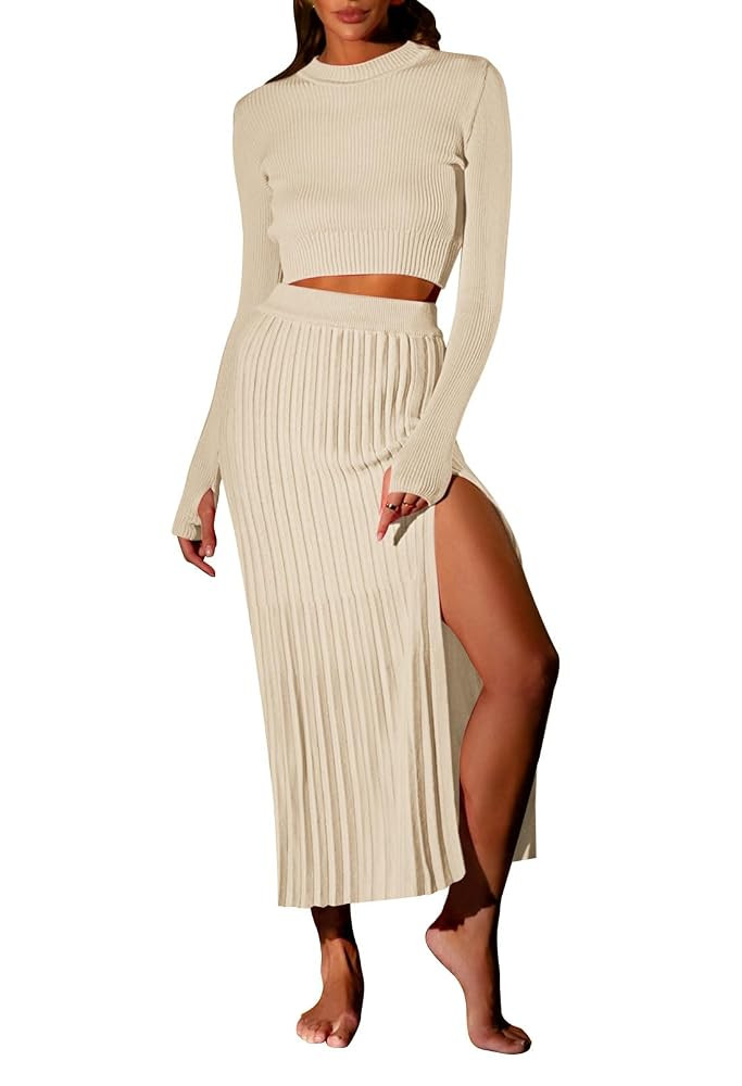 Duigluw Women 2 Piece Outfits Winter Long Sleeve Crop Top Bodycon Pleated Skirt Knit Sweater Dres... | Amazon (US)