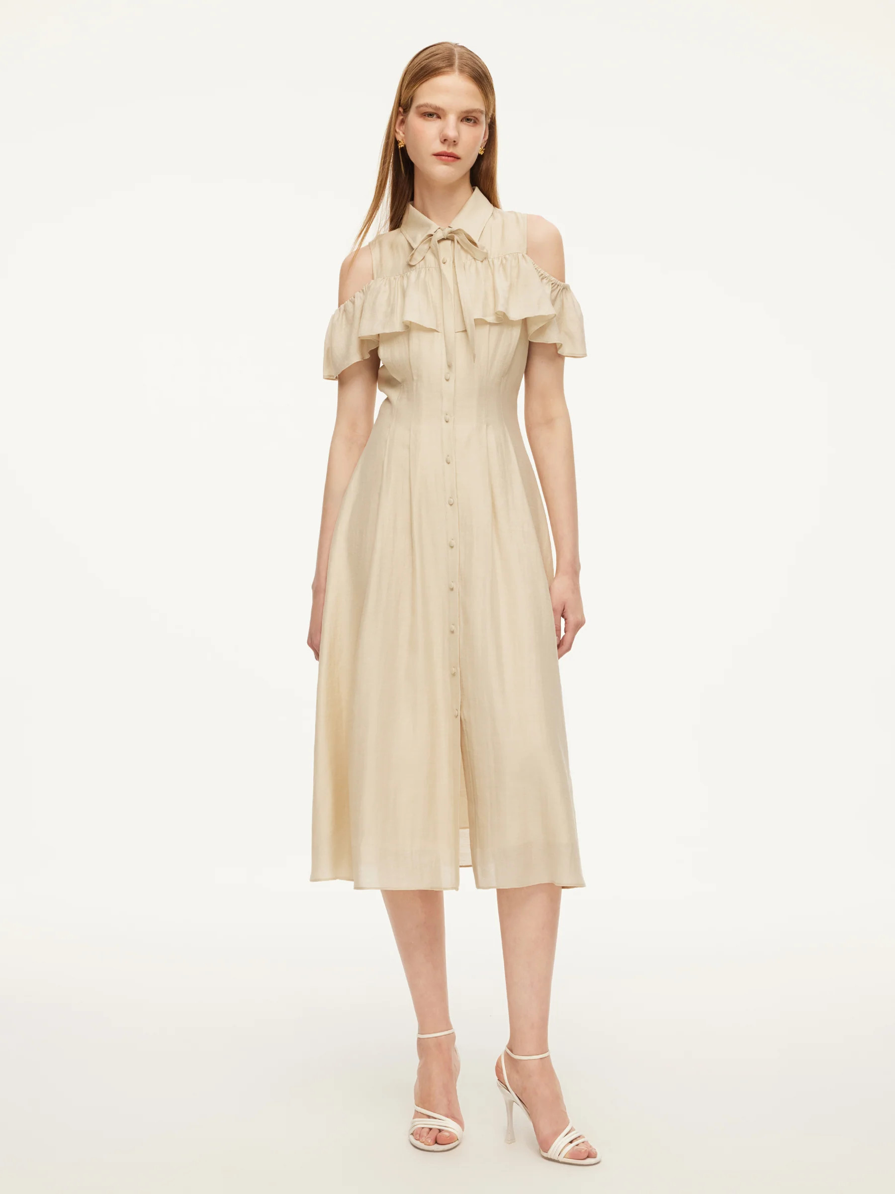 Tencel Acetate Linen Blend Cold Shoulder Women Maxi Dress | GOELIA