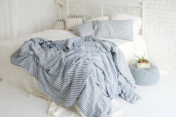 Blue Striped Linen Bedding Set. King Queen Duvet Sizes. Linen | Etsy | Etsy (US)